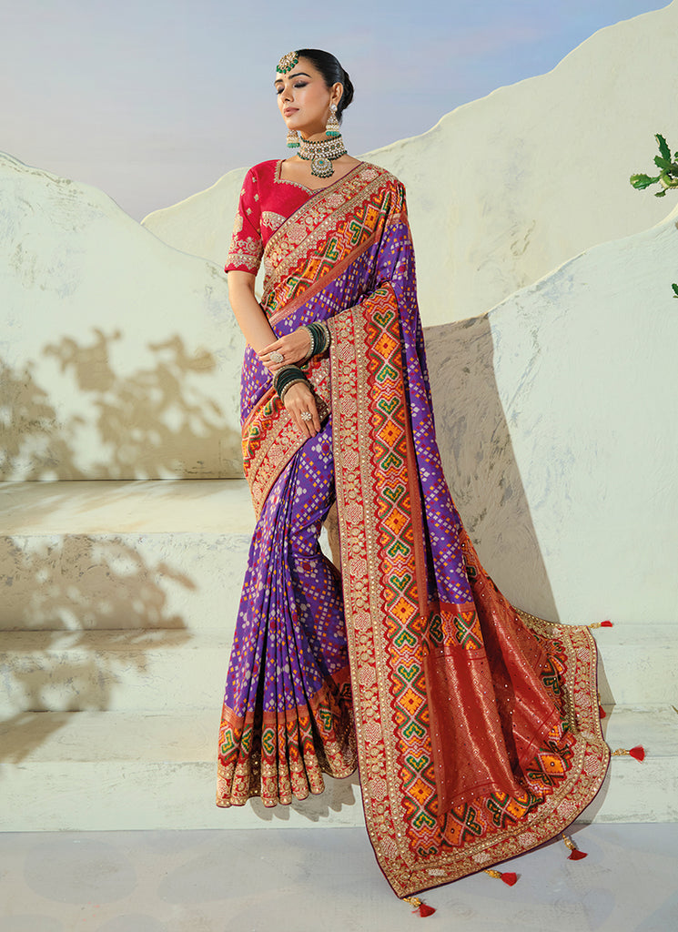Purple And Red Embroidered Patola Saree With Blouse