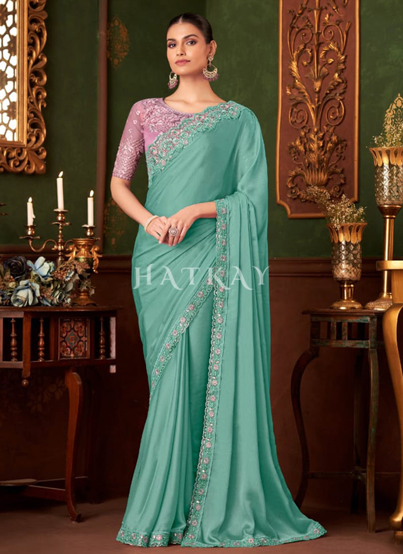 Teal And Lavender Designer Saree