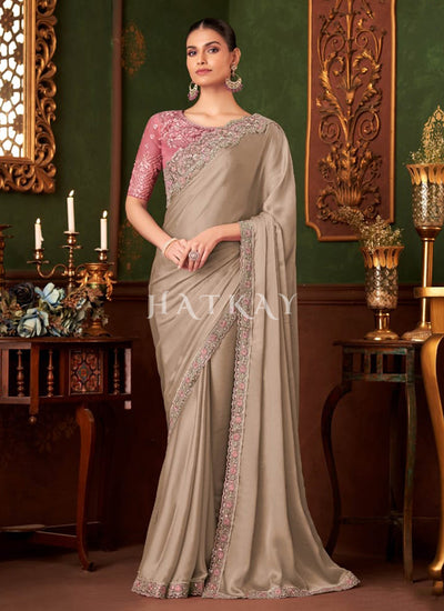 Beige And Pink Designer Saree