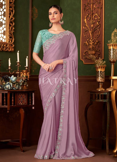 Lavender And Teal Designer Saree