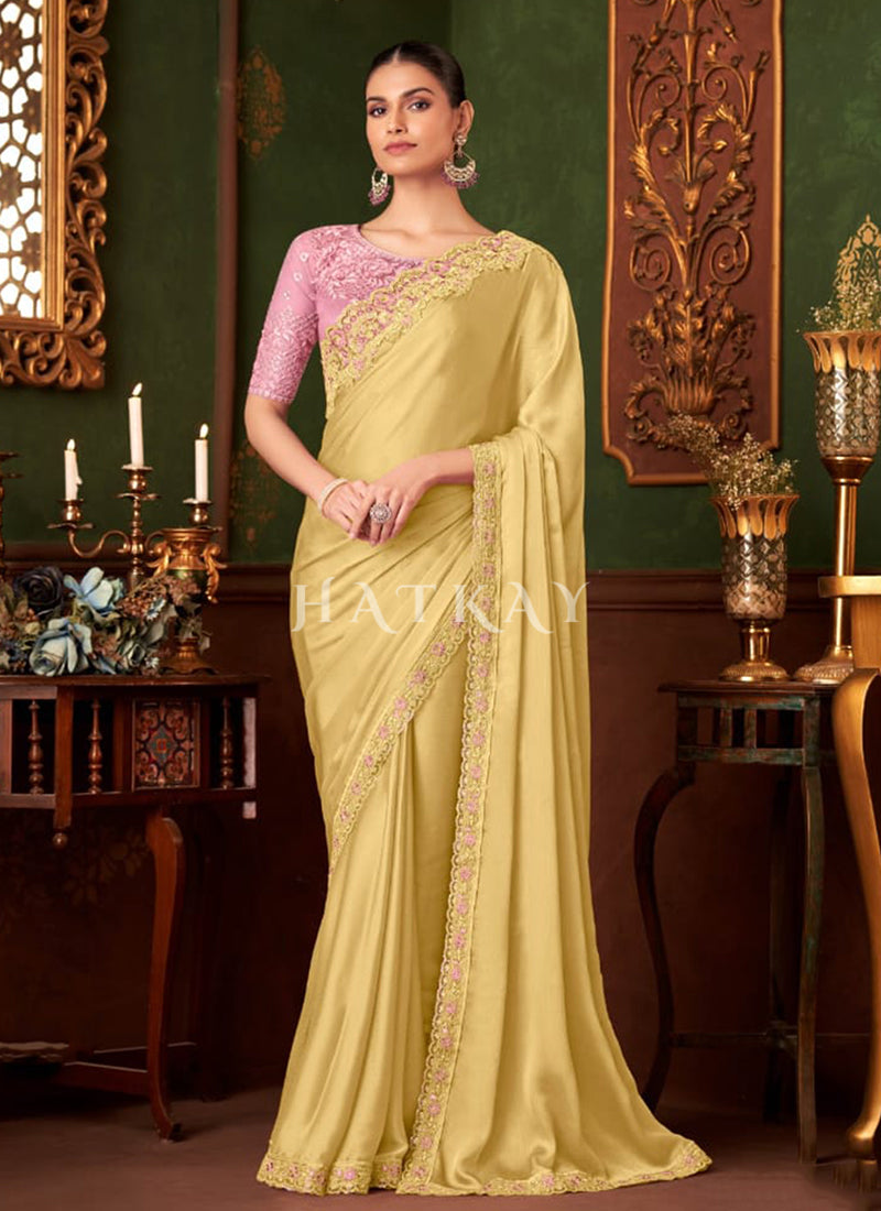 Yellow And Pink Designer Saree