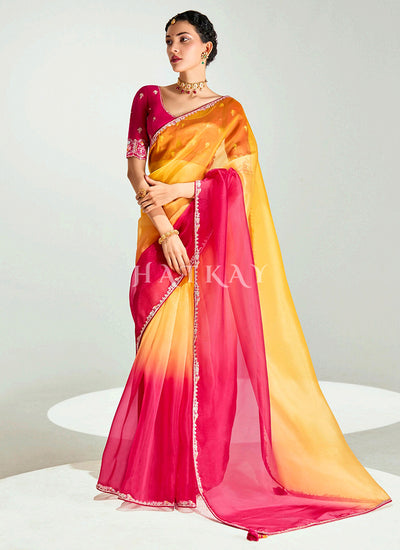 Red And Yellow Embroidered Shaded Silk Sari