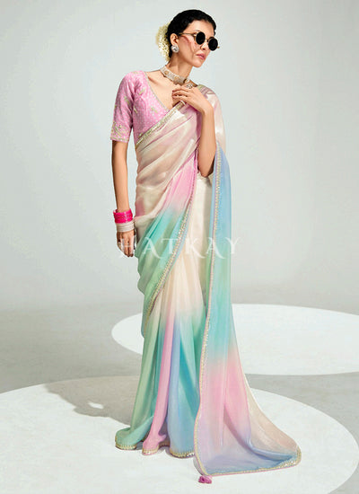 Pink And Cream Embroidered Shaded Silk Sari