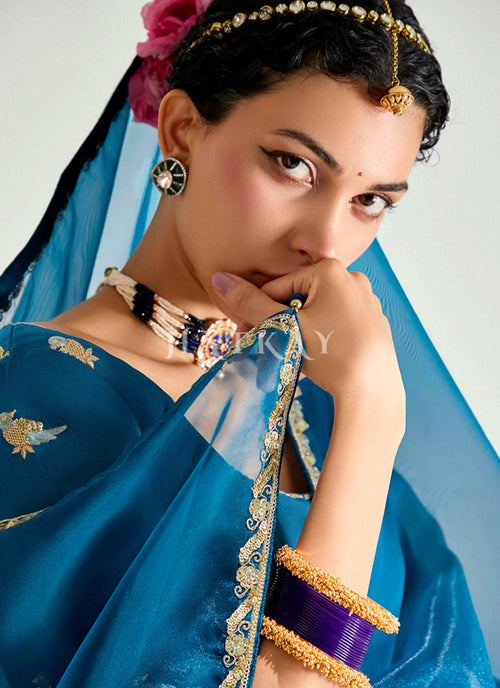 Purple And Blue Designer Silk Sari