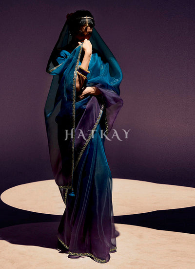 Purple And Blue Embroidered Shaded Silk Sari