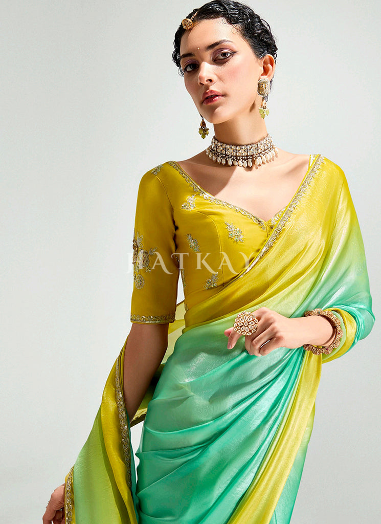 Green And Yellow Shaded Silk Sari