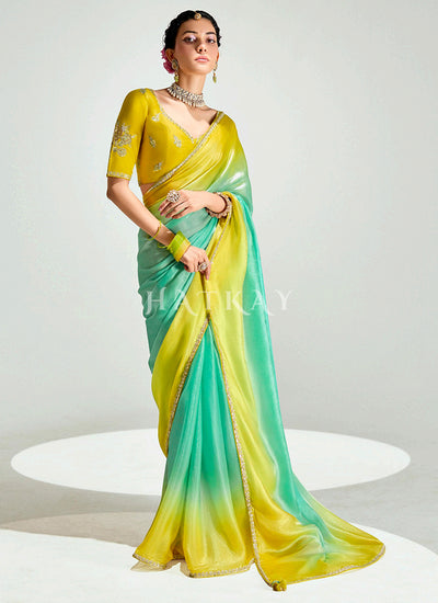 Green And Yellow Embroidered Shaded Silk Sari