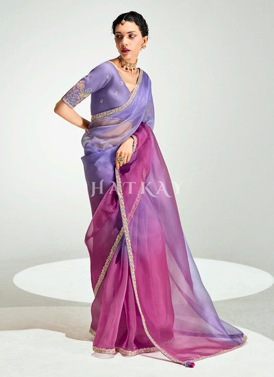 Purple And Magenta Embroidered Shaded Silk Sari