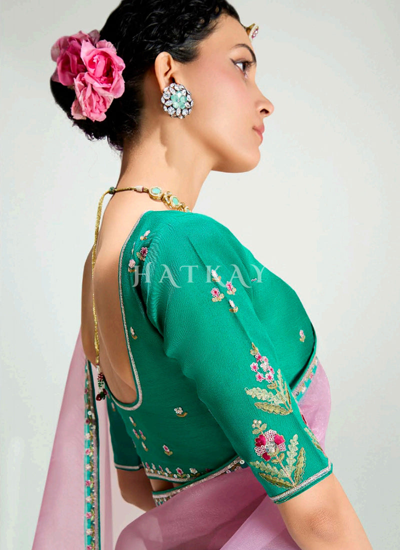 Green And Pink Partywear Silk Sari