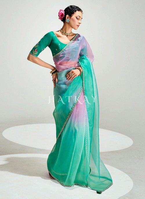 Green And Pink Embroidered Shaded Silk Sari