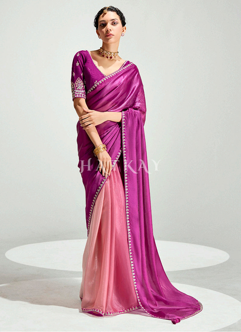 Magenta And Peach Embroidered Shaded Silk Sari