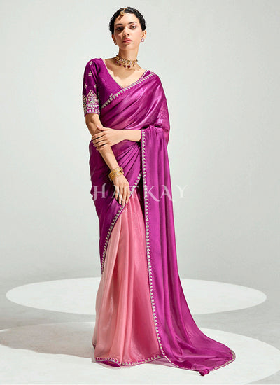 Magenta And Peach Embroidered Shaded Silk Sari