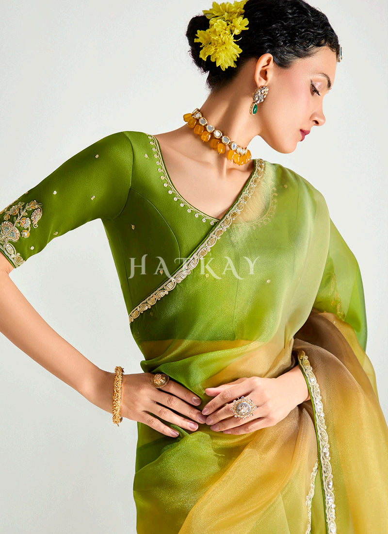 Yellow And Green Shaded Silk Sari