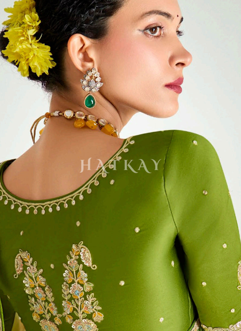 Yellow And Green Embroidered Shaded wedding Sari