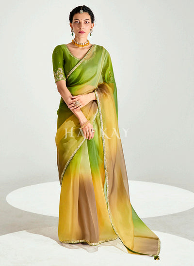 Yellow And Green Embroidered Shaded Silk Sari