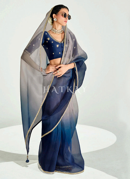Blue And Beige Shaded Silk Sari