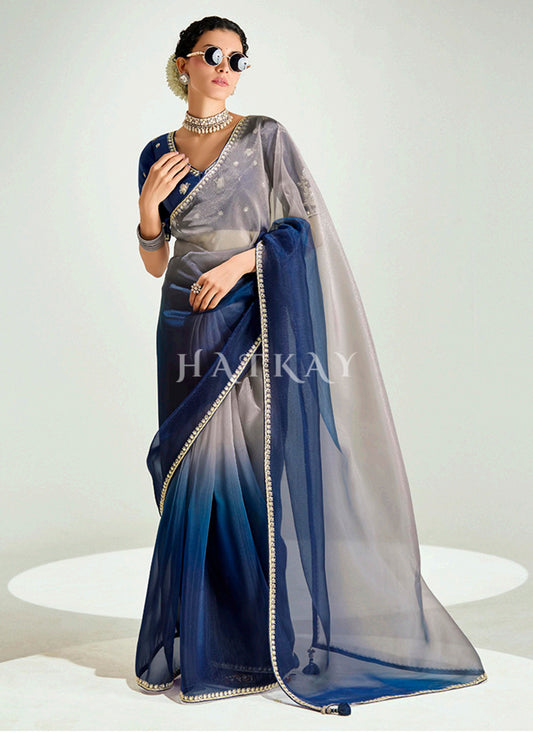 Blue And Beige Embroidered Shaded Silk Sari