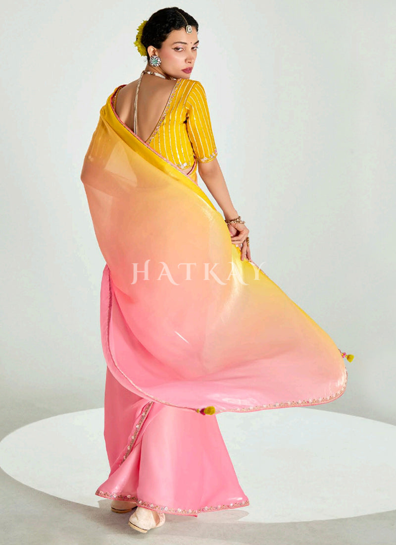 Peach And Yellow Shaded Silk Sari