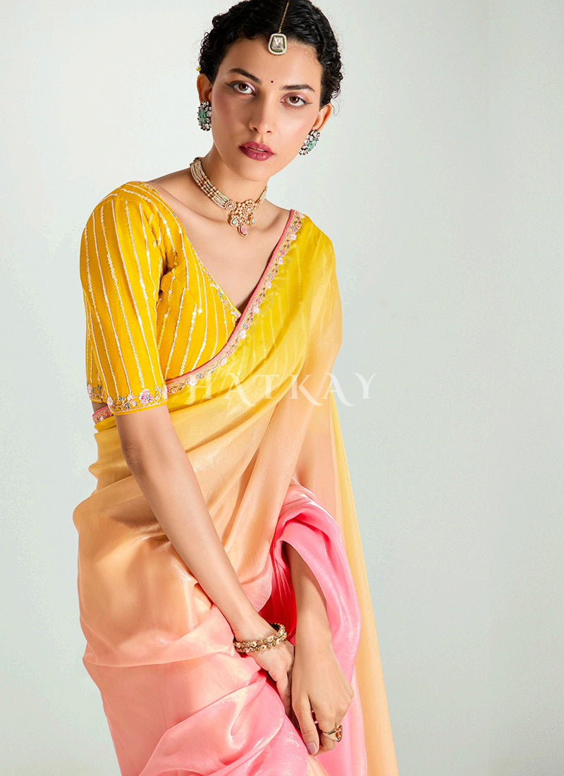 Peach And Yellow Designer Sari