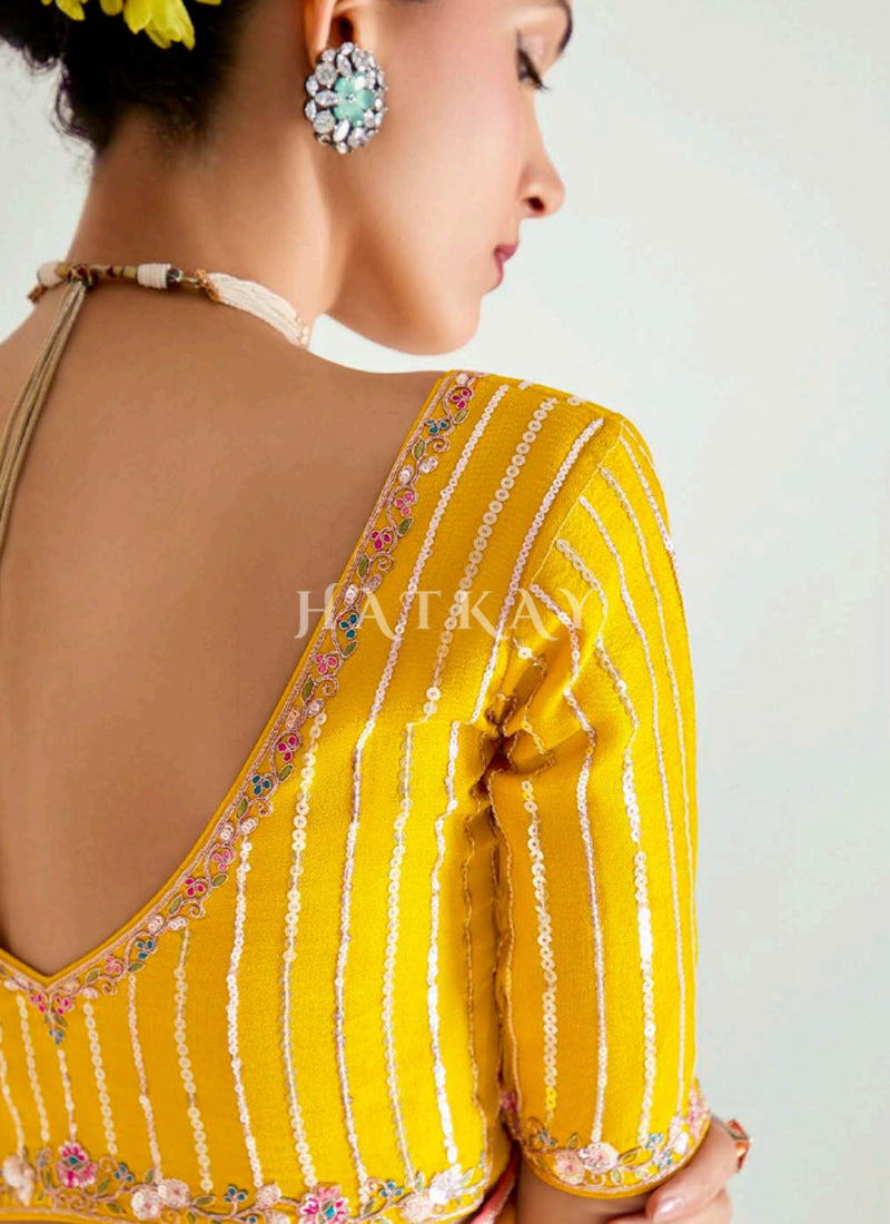 Peach And Yellow Partywear  Sari