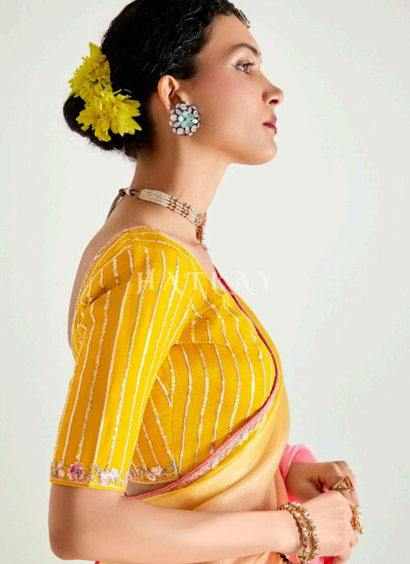Peach And Yellow Traditional Sari
