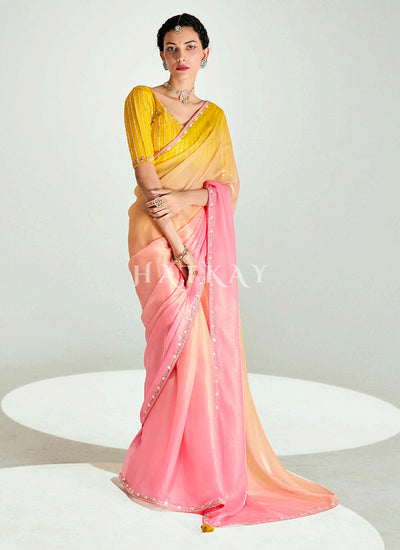 Peach And Yellow Embroidered Shaded Silk Sari