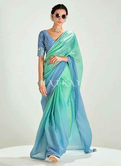 Blue And Green Embroidered Shaded Silk Sari