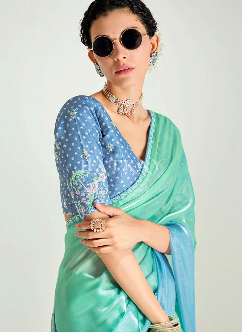 Blue And Green Silk Sari