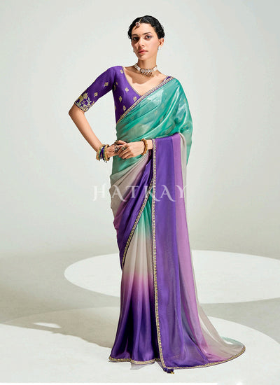 Violet And Green Embroidered Shaded Silk Sari