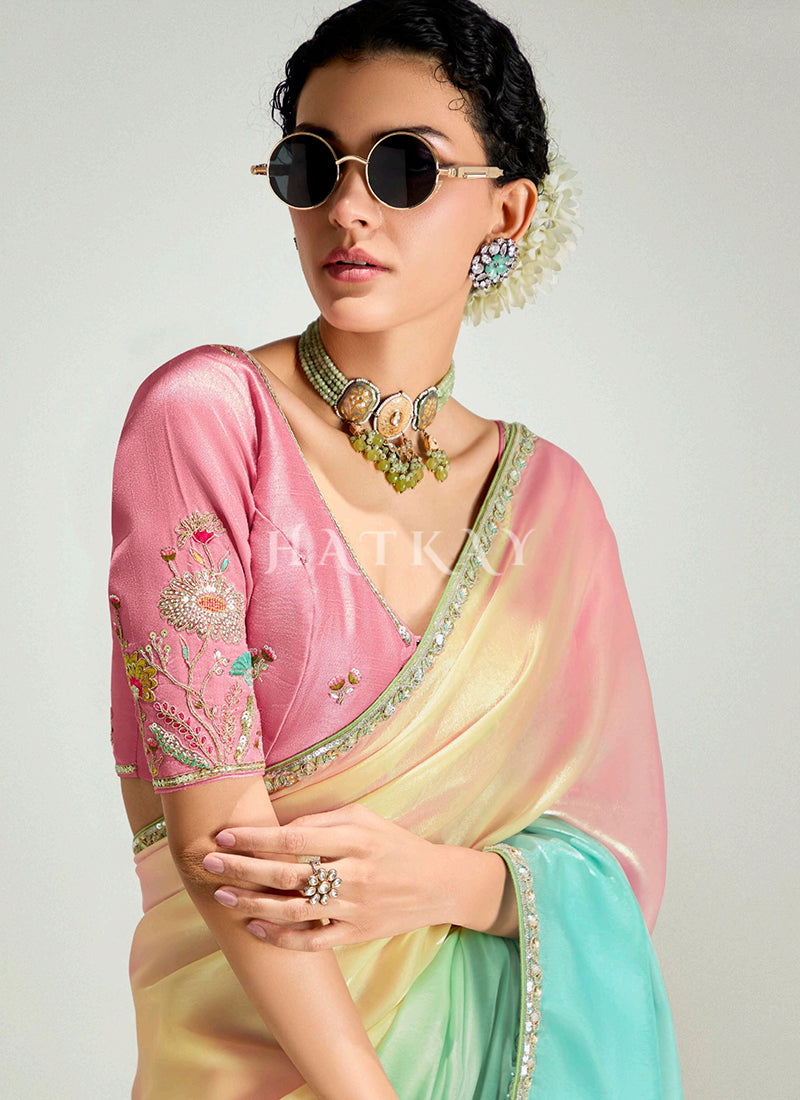 Pink And Blue Silk Sari