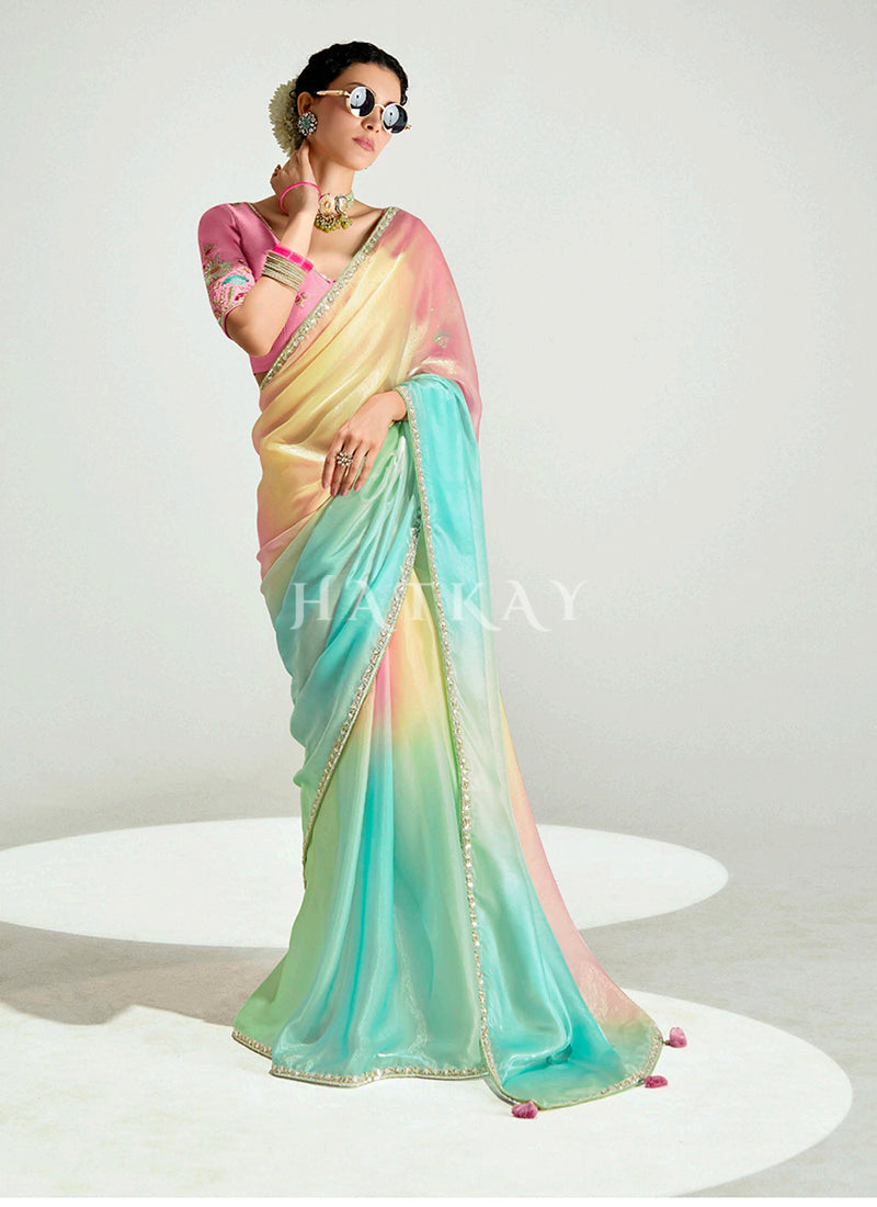 Pink And Blue Embroidered Shaded Silk Sari