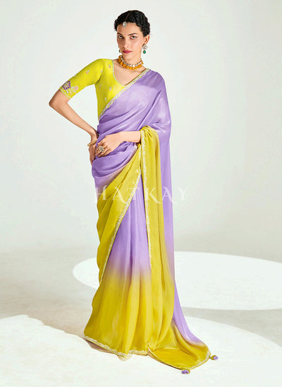 Purple And Yellow  Embroidered Shaded Silk Sari