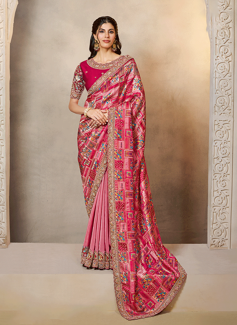 Rani Pink Handwork Embroidery Festive Saree