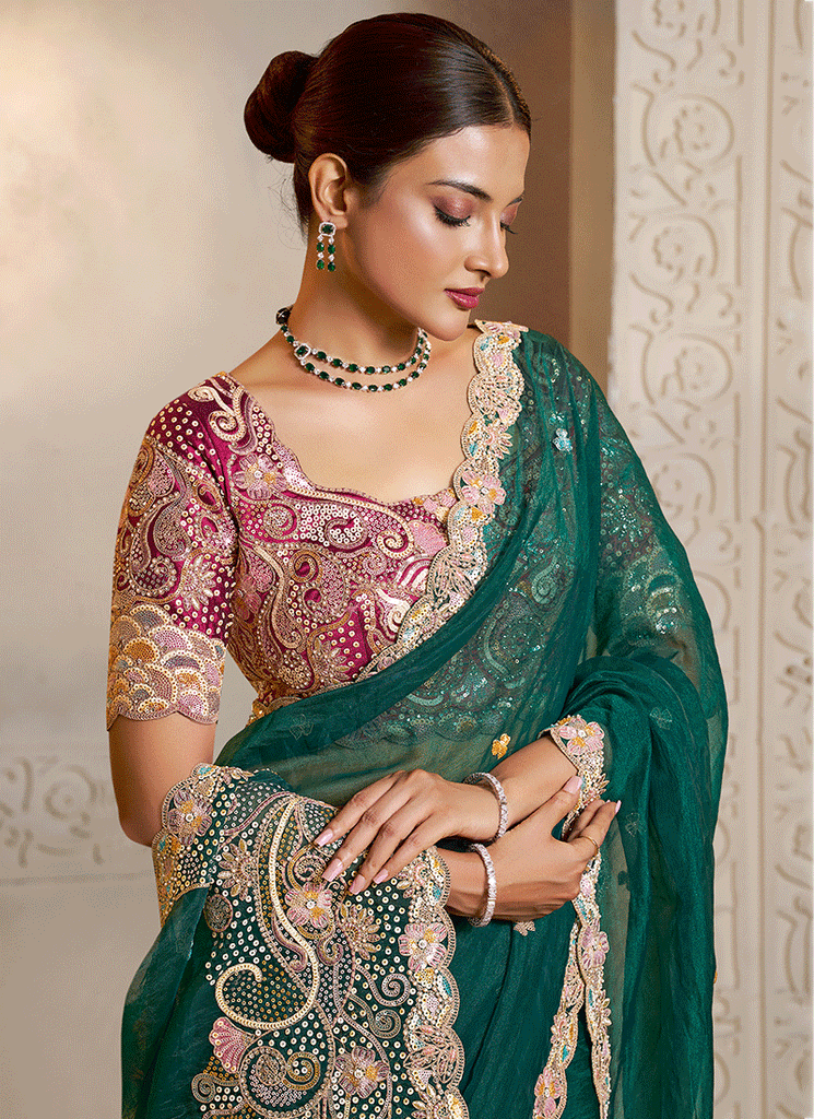 Shop Green And Pink Handwork Saree In USA
