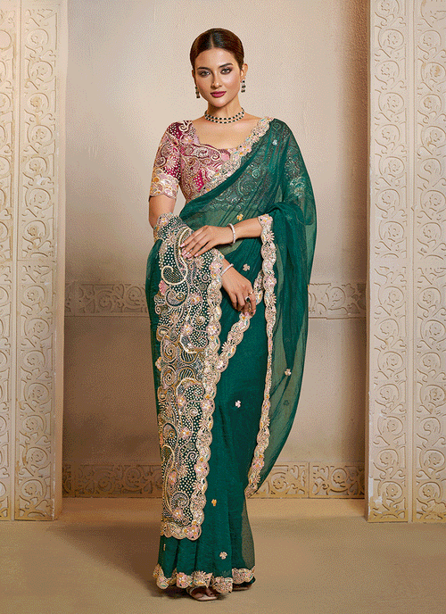 Green And Pink Handwork Embroidery Festive Saree