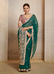 Green And Pink Handwork Embroidery Festive Saree