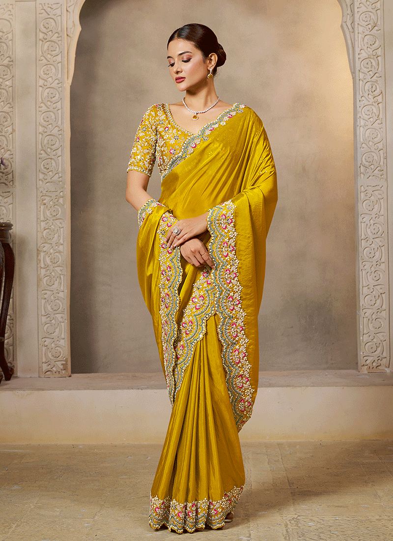Yellow Handwork  Festive Saree And Blouse