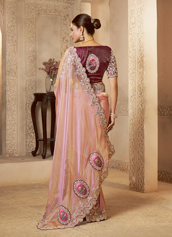 Pink And Wine Handwork Embroidery Festive Saree And Blouse