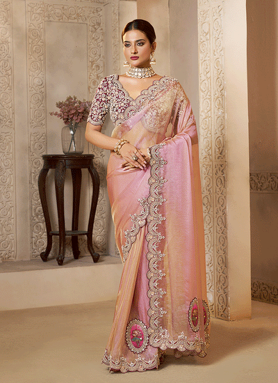 Pink And Wine Handwork Embroidery Festive Saree