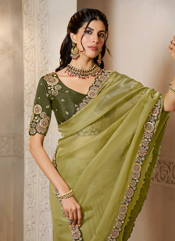 Green Handwork Embroidery Festive Saree And Blouse