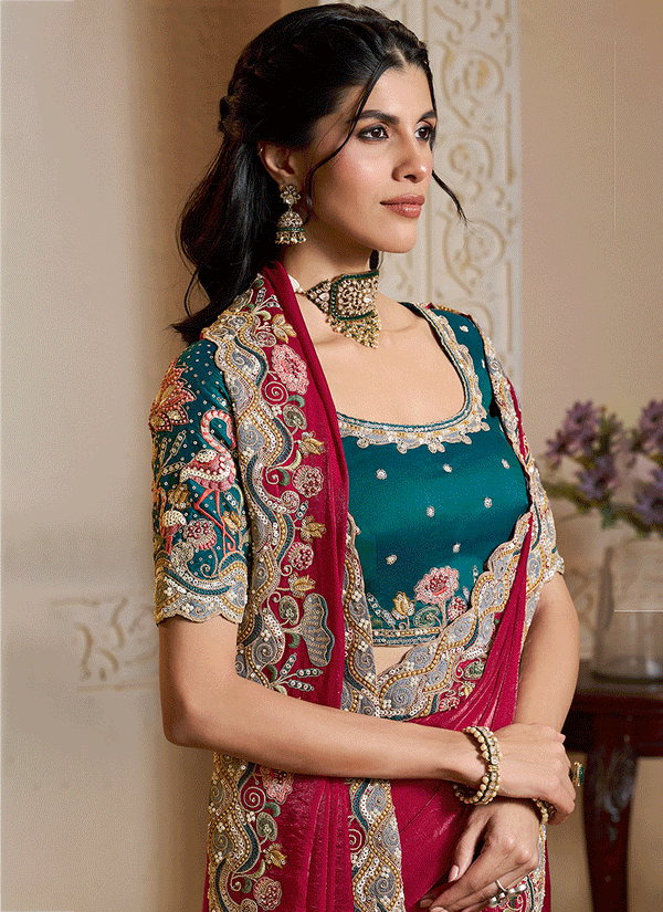 Magenta Handwork Embroidery Festive Saree And Blouse