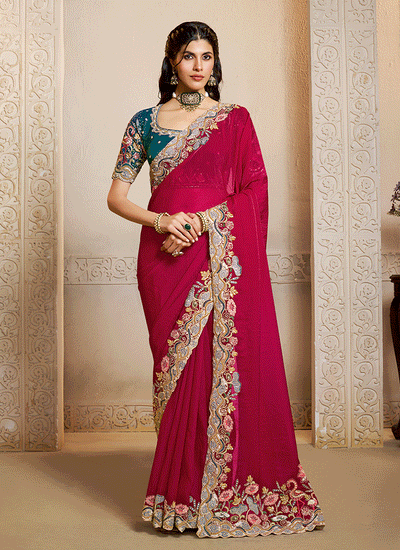 Magenta Handwork Embroidery Festive Saree