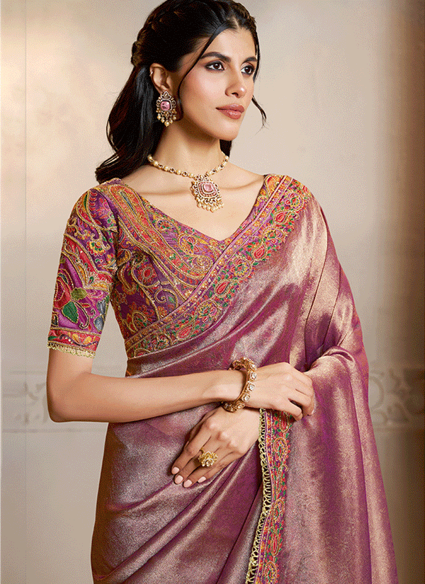 Mauve Purple Handwork Embroidery Festive Saree And Blouse