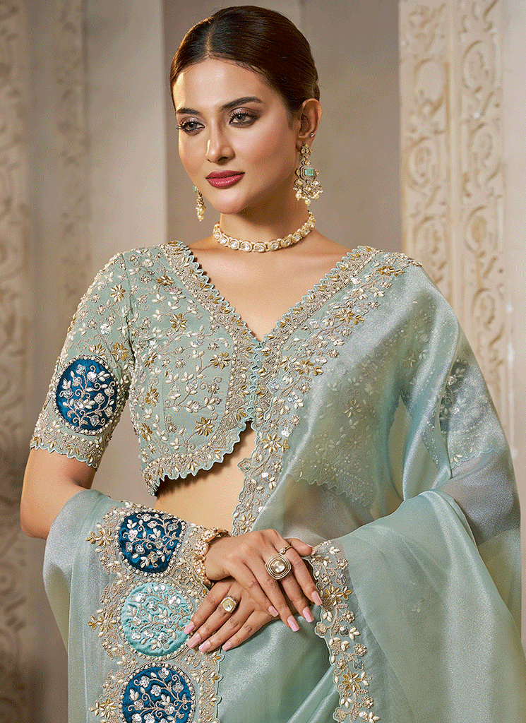 Buy Sea Green Designer Readymade Saree for Women