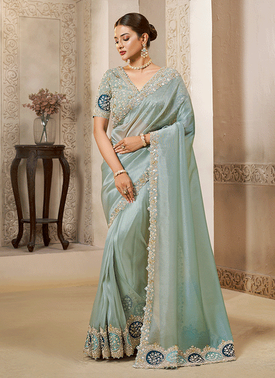 Sea Green Handwork Embroidery Festive Saree