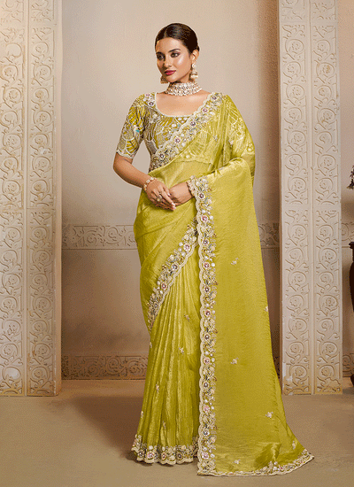 Lemon Yellow Handwork Embroidery Festive Saree