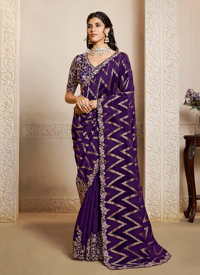 Deep Purple Handwork Embroidery Festive Saree