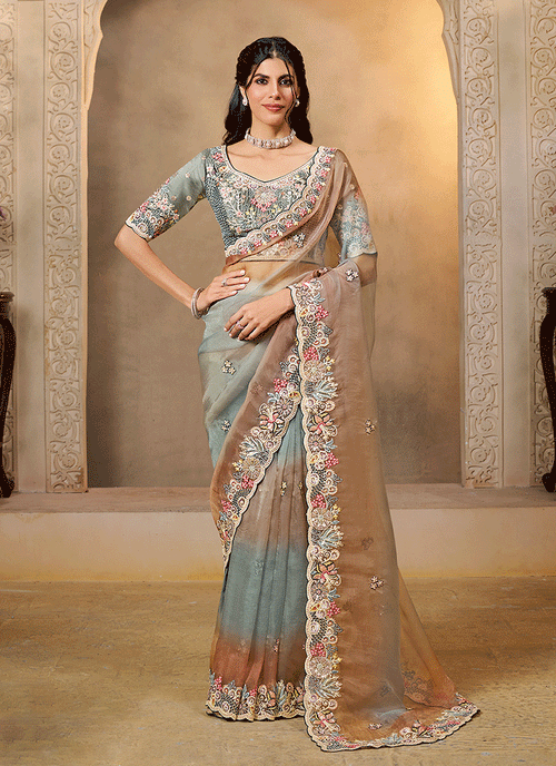 Teal Orange Handwork Embroidery Festive Saree