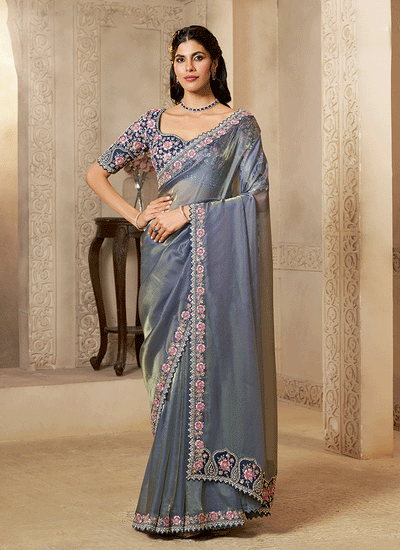Blue Handwork Embroidery Festive Saree