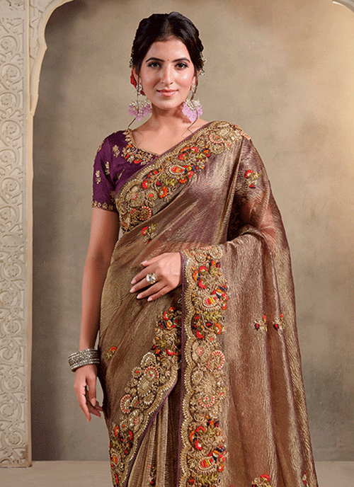 Shop Rust Brown Handwork Embroidery Bollywood Saree 